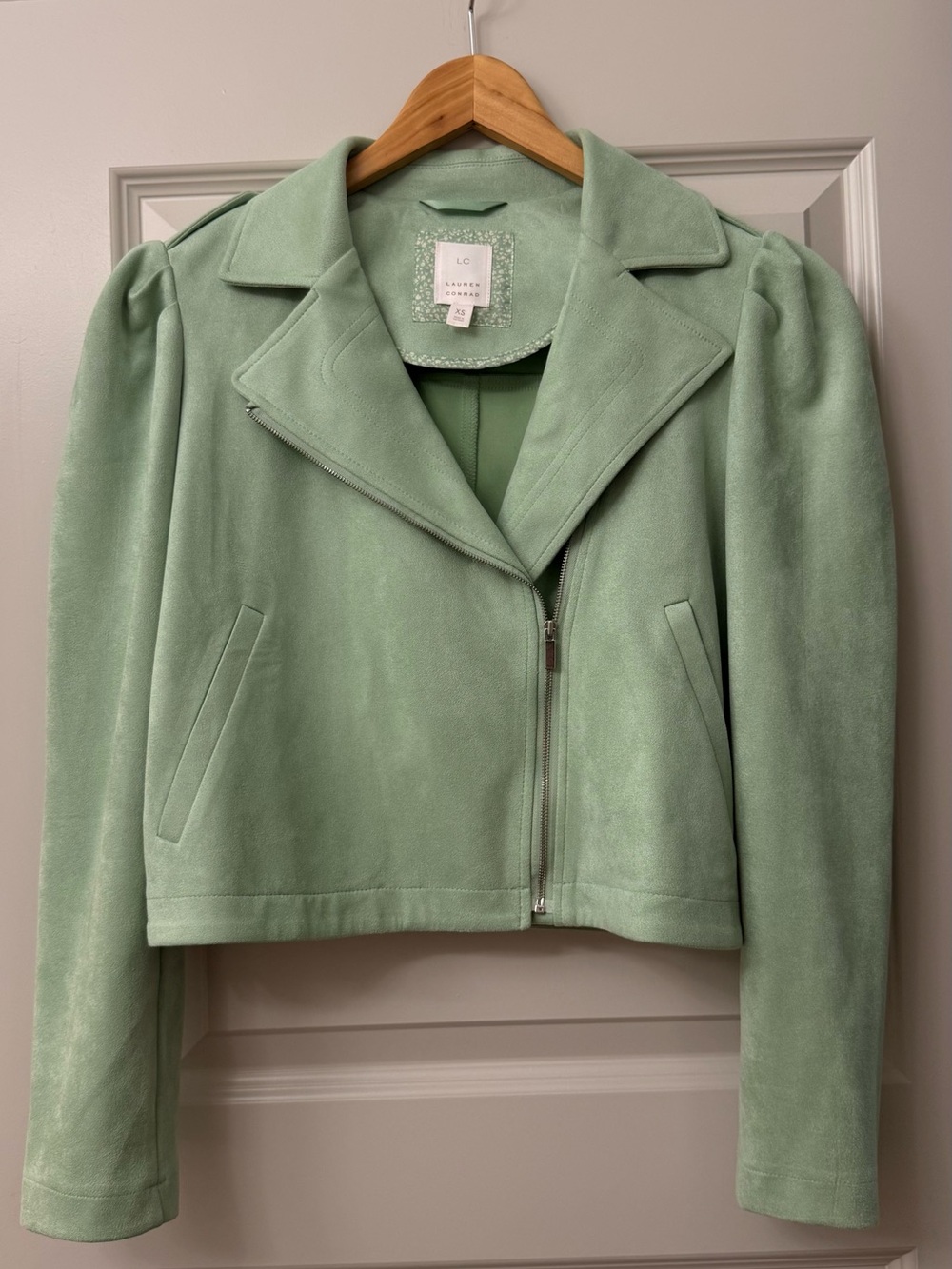 LC Lauren Conrad Mint Green Cropped Suede Moto Jacket